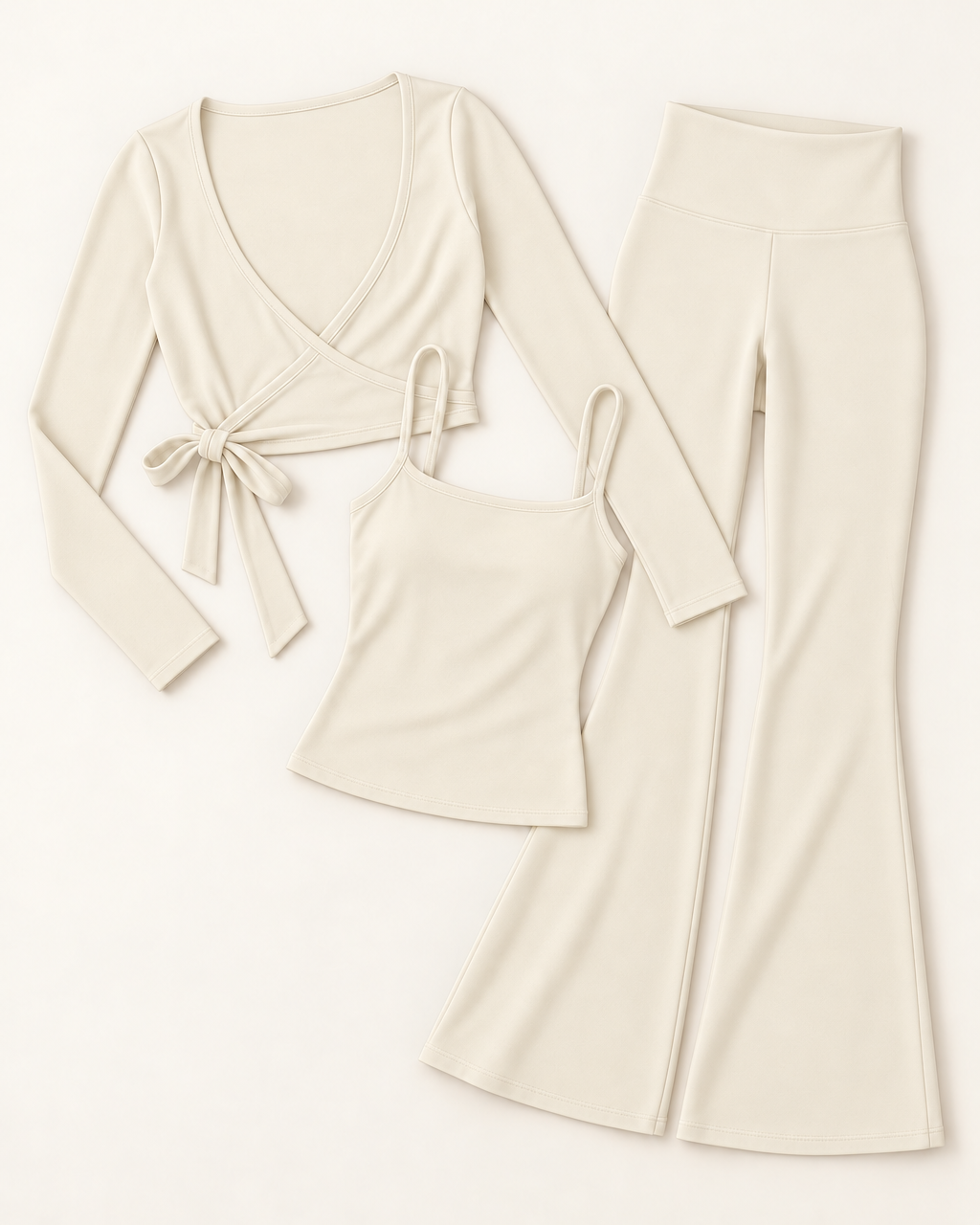 Ballet Wrap Top, Square Neck Vest & Flares Set - Ivory White flat lay
