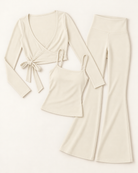 Ballet Wrap Top, Square Neck Vest & Flares Set - Ivory White flat lay