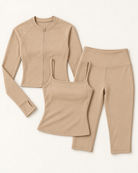 Zip-Up Jacket, Square Neck Vest & Capris Set - Tan flat lay