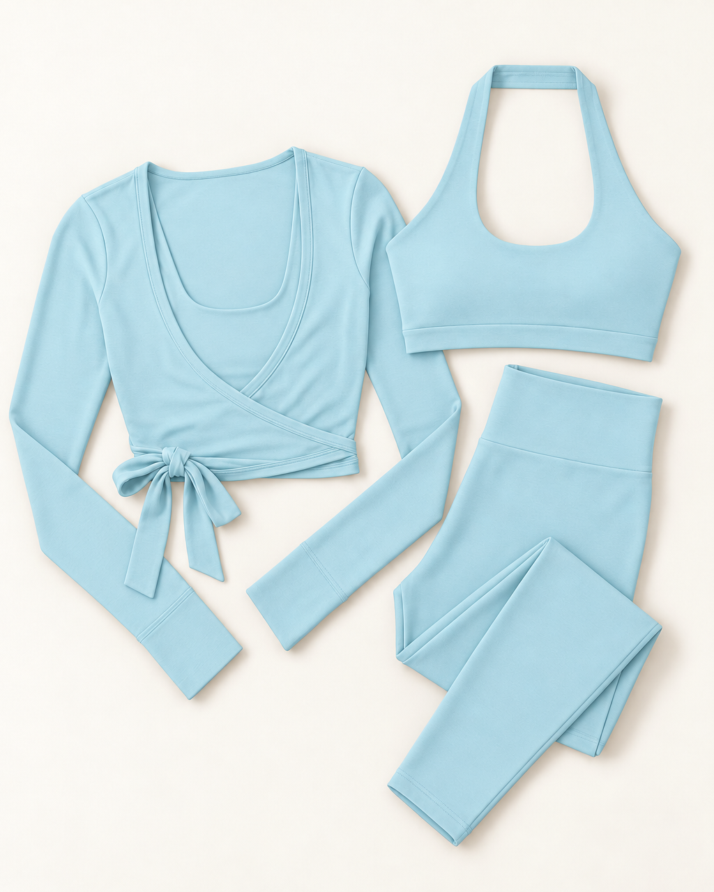 Ballet Wrap Top, Halter Bra & Leggings Set - Powder Blue flat lay