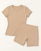 Fitted Tee & Shorts Set - Tan flat lay