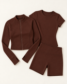 Zip-Up Jacket, Fitted Tee & Shorts Set - Chocolate Brown flat lay