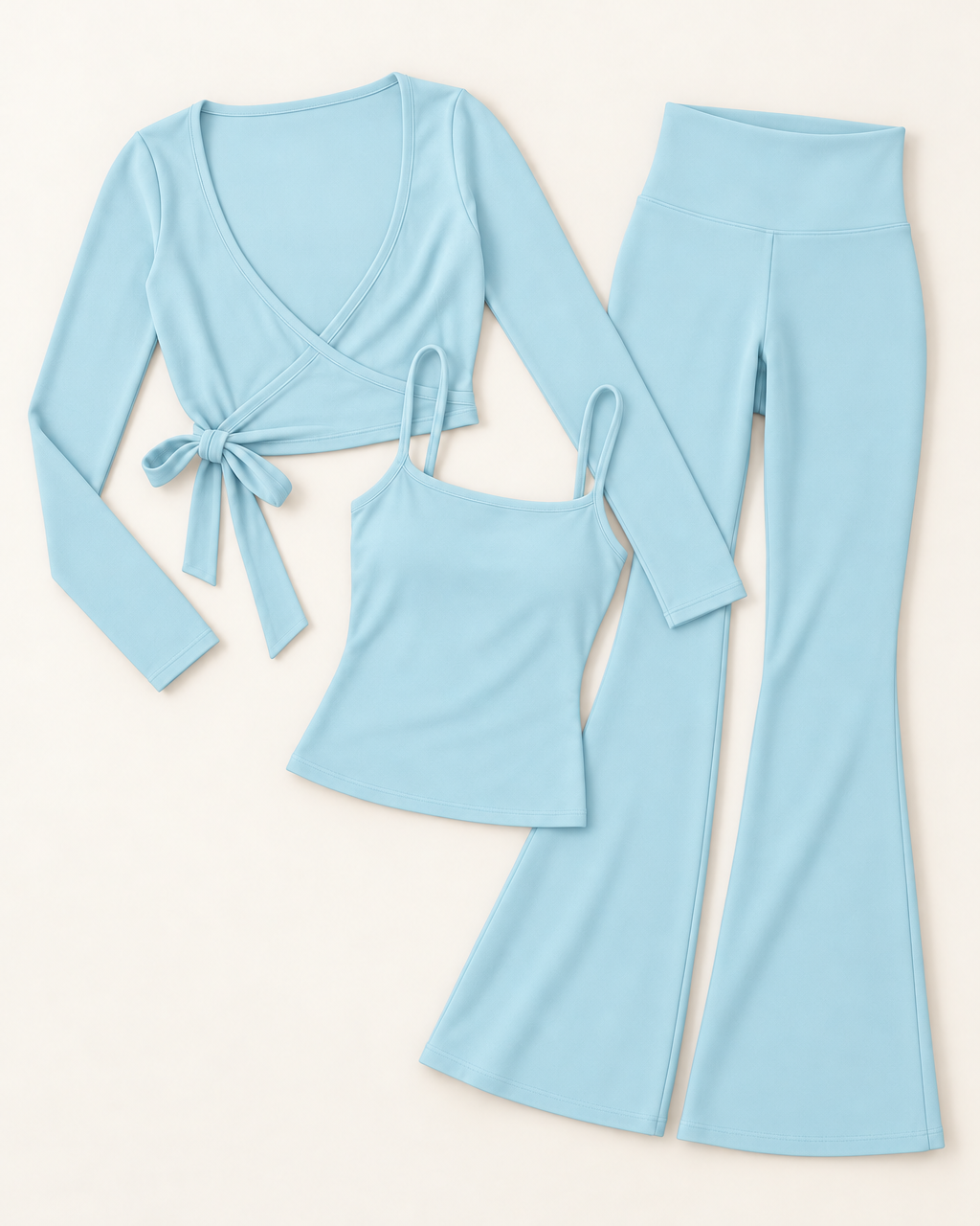 Ballet Wrap Top, Square Neck Vest & Flares Set - Powder Blue flat lay