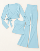 Ballet Wrap Top, Square Neck Vest & Flares Set - Powder Blue flat lay