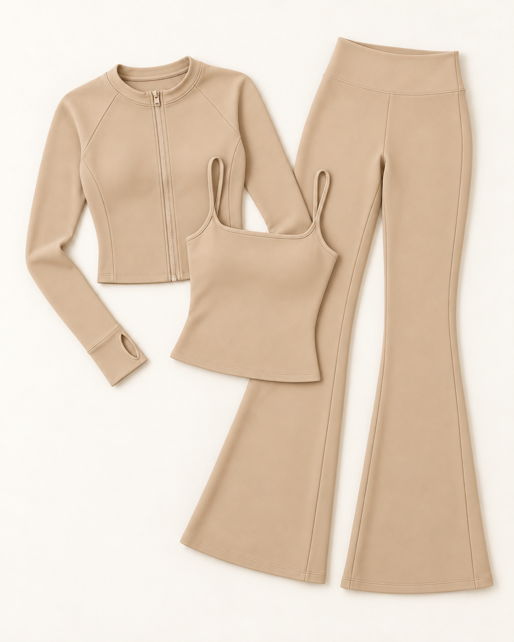 Zip-Up Jacket, Square Neck Vest & Flares Set - Tan flat lay