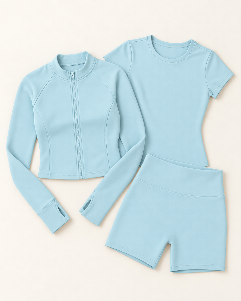 Zip-Up Jacket, Fitted Tee & Shorts Set - Powder Blue flat lay