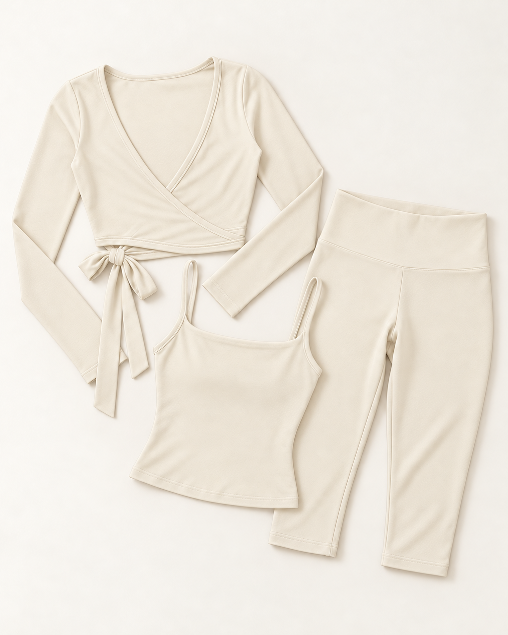 Ballet Wrap Top, Square Neck Vest & Capris Set - Ivory White flat lay