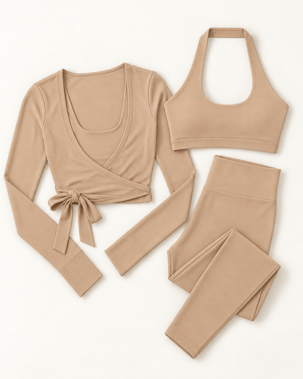 Ballet Wrap Top, Halter Bra & Leggings Set - Tan flat lay