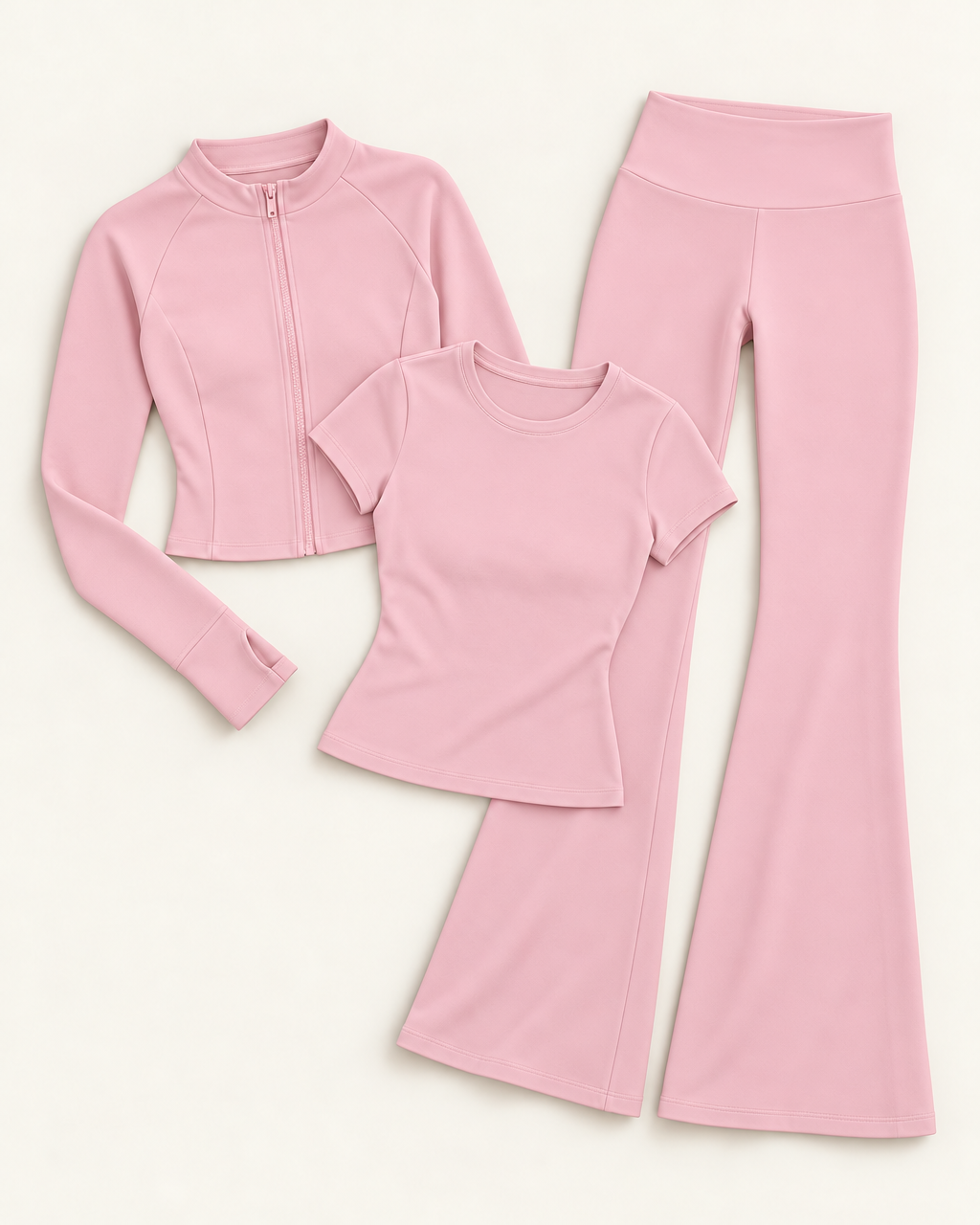 Zip-Up Jacket, Fitted Tee & Flares Set - Ballet Pink flat lay