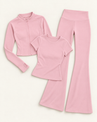 Zip-Up Jacket, Fitted Tee & Flares Set - Ballet Pink flat lay
