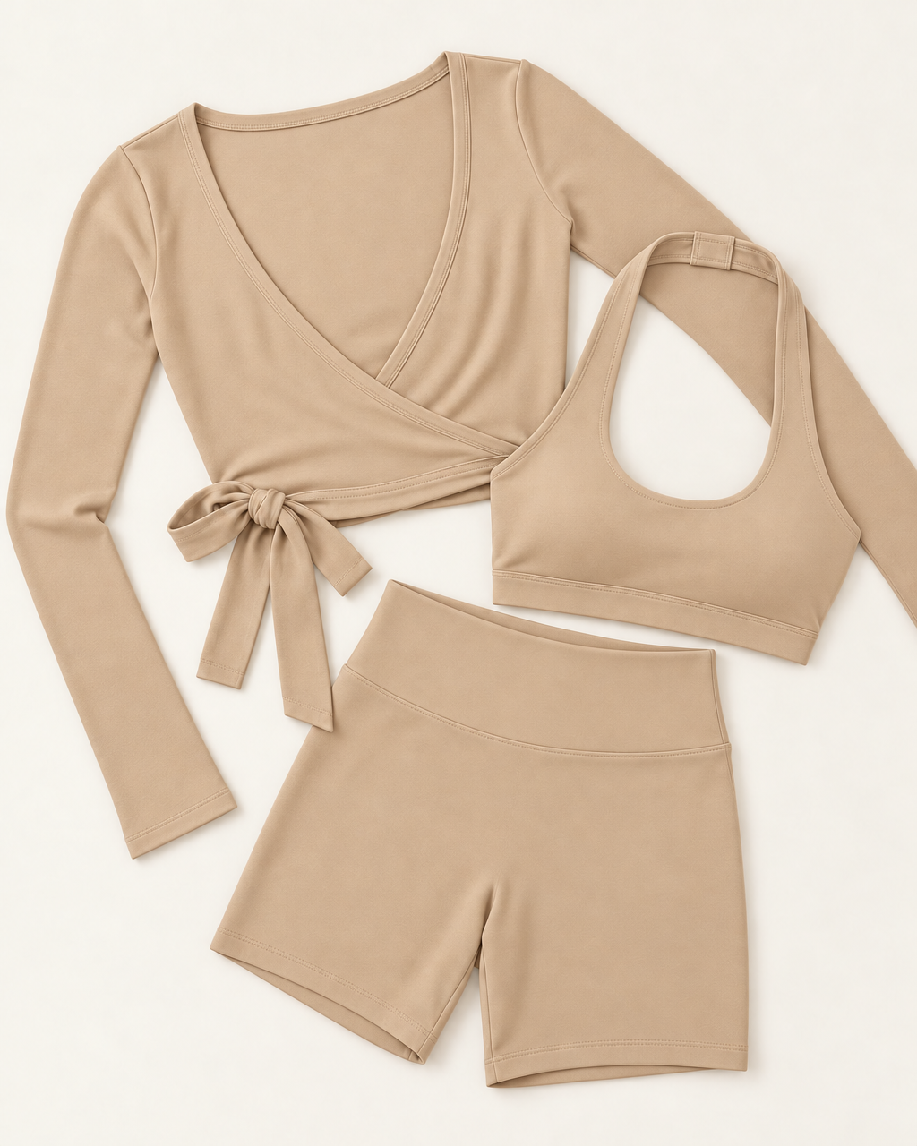 Ballet Wrap Top, Halter Bra & Shorts Set - Tan flat lay