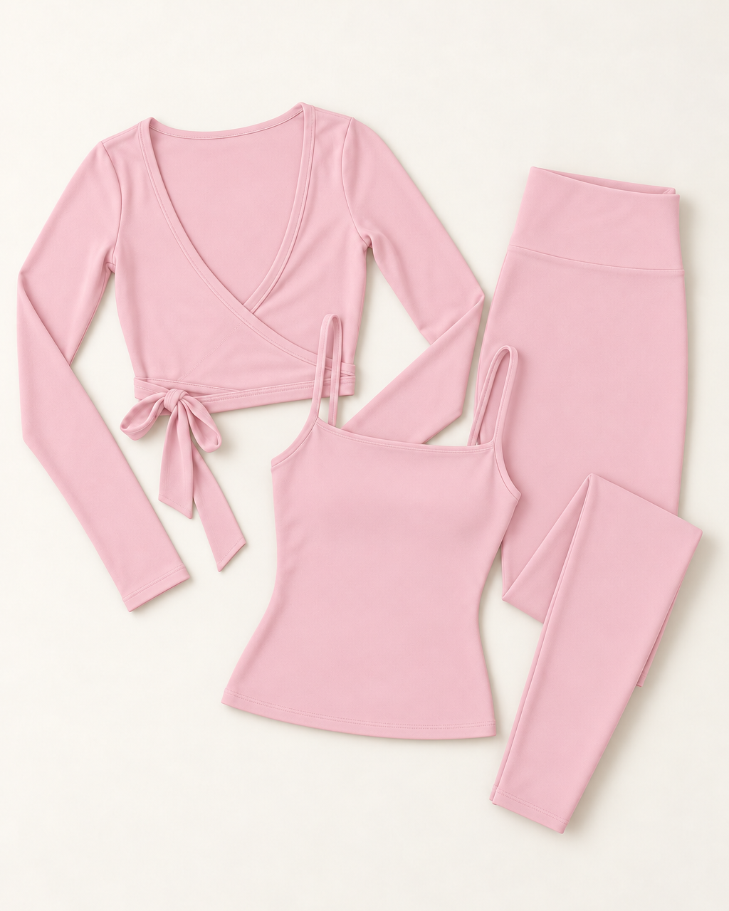 Ballet Wrap Top, Square Neck Vest & Leggings Set - Ballet Pink flat lay