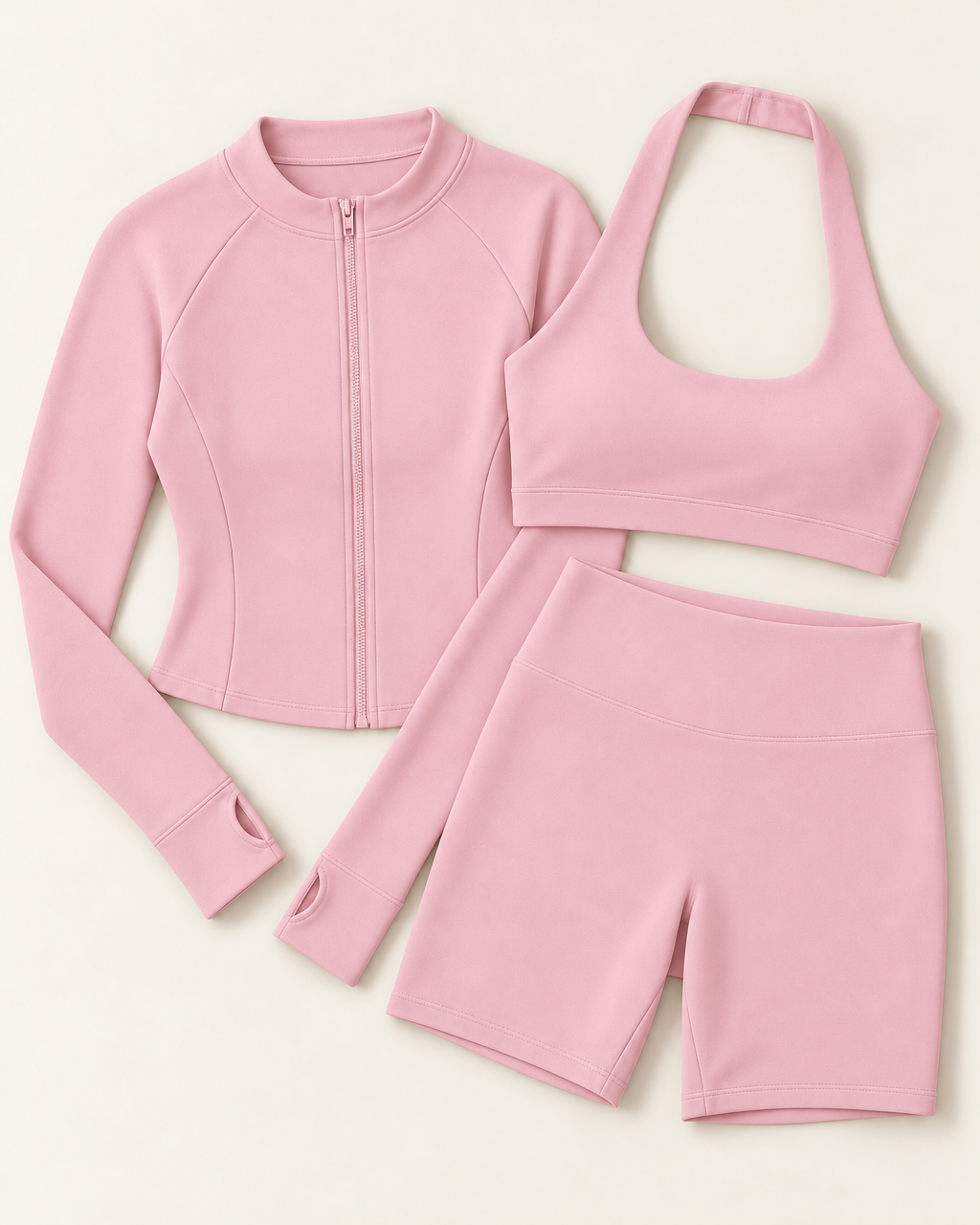 Zip-Up Jacket, Halter Bra & Shorts Set - Ballet Pink flat lay