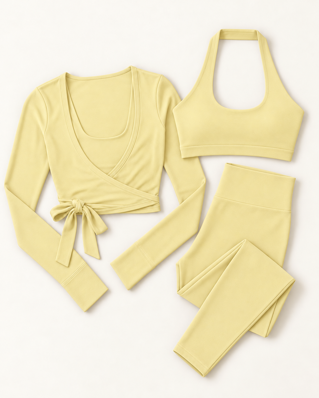 Ballet Wrap Top, Halter Bra & Leggings Set - Buttercream flat lay