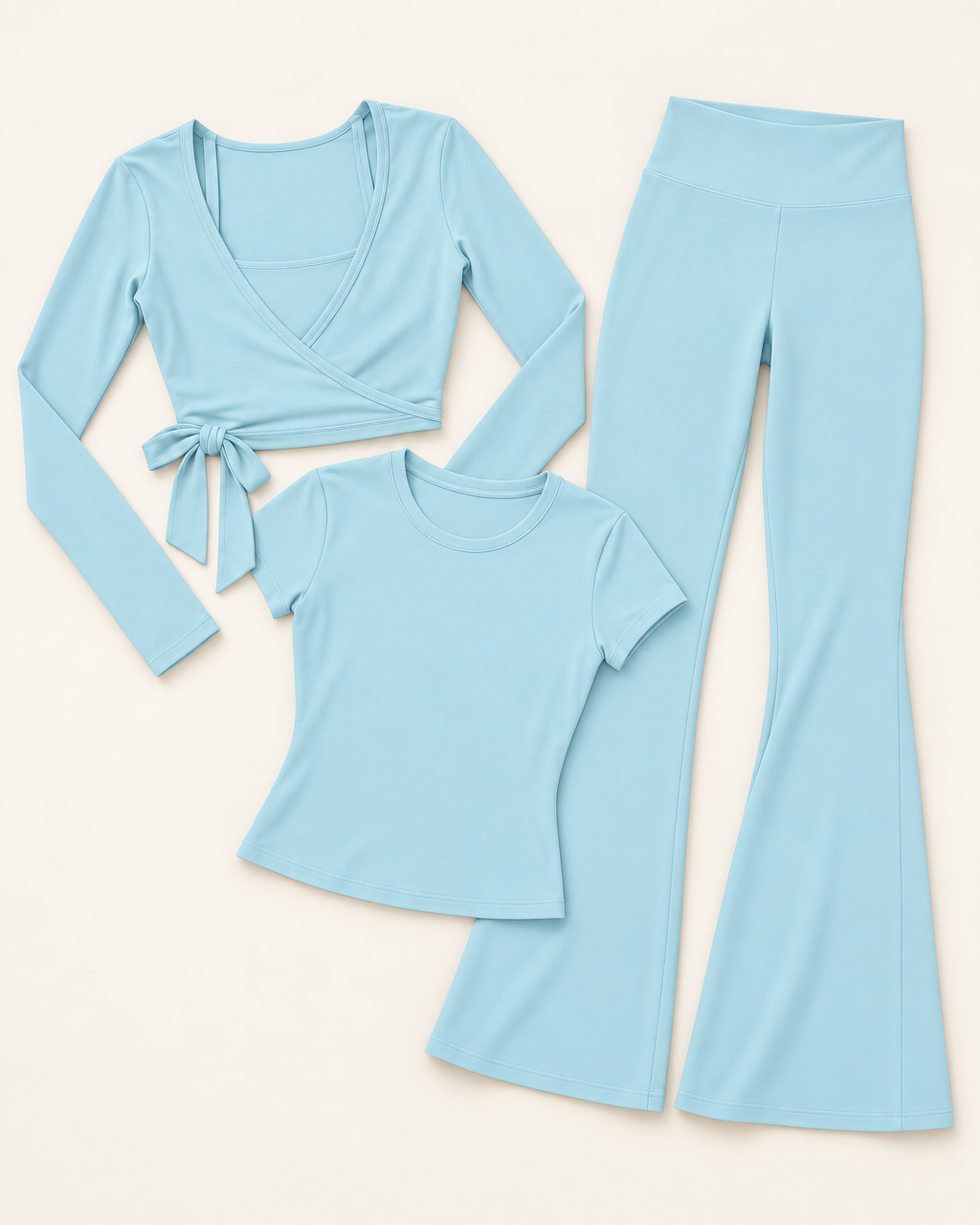 Ballet Wrap Top, Fitted Tee & Flares Set - Powder Blue flat lay