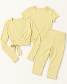 Ballet Wrap Top, Fitted Tee & Capris Set - Buttercream flat lay