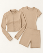 Zip-Up Jacket, Fitted Tee & Shorts Set - Tan flat lay