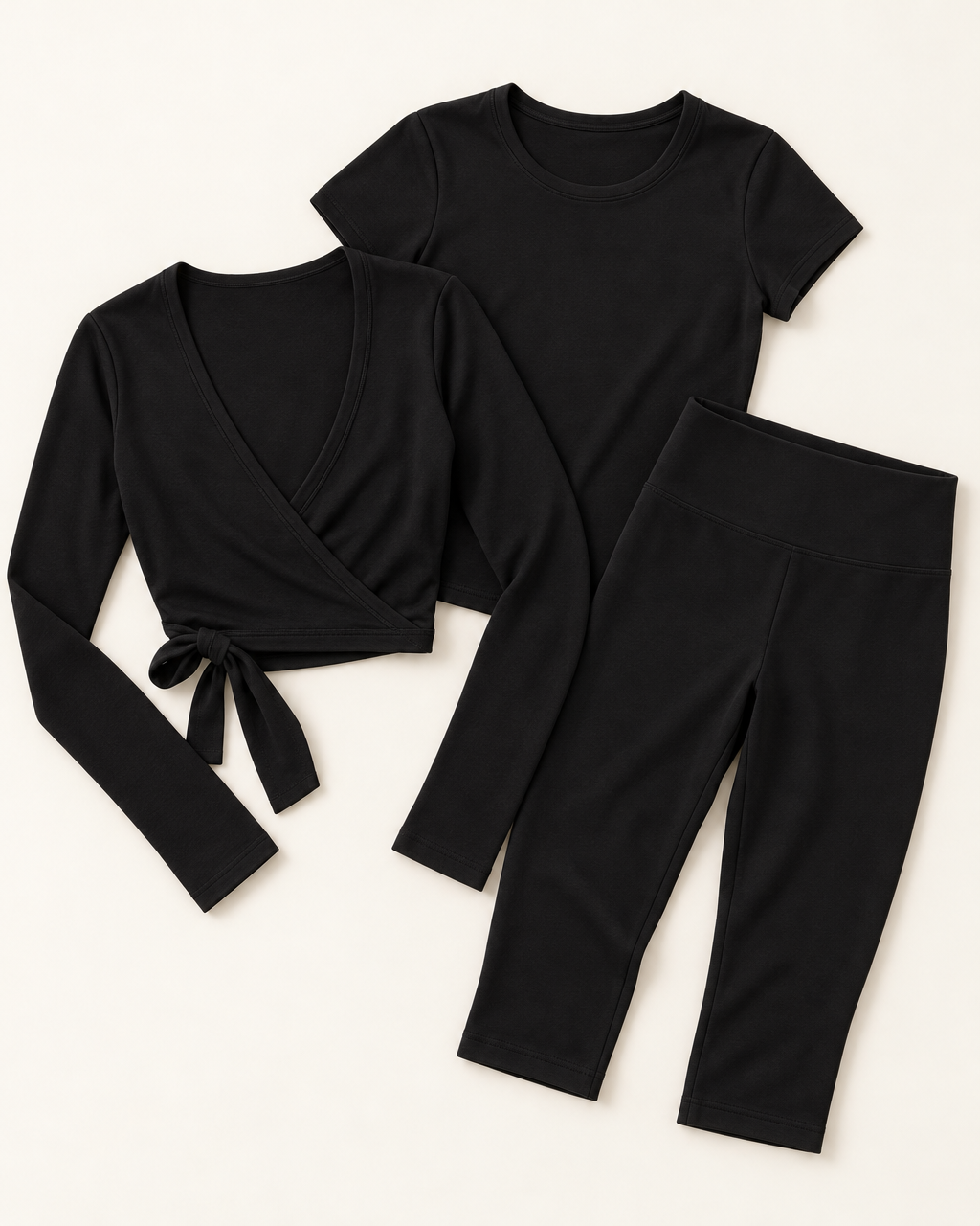 Ballet Wrap Top, Fitted Tee & Capris Set - Shadow Black flat lay