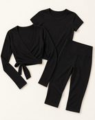 Ballet Wrap Top, Fitted Tee & Capris Set - Shadow Black flat lay