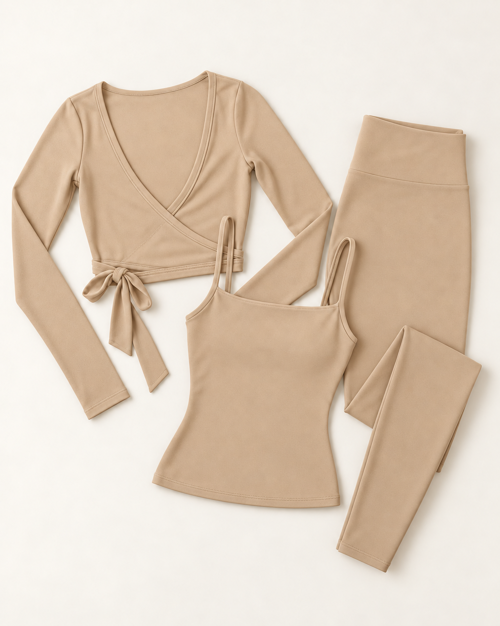 Ballet Wrap Top, Square Neck Vest & Leggings Set - Tan flat lay