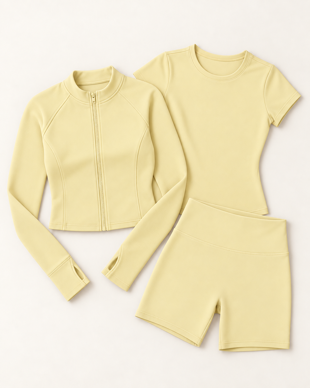 Zip-Up Jacket, Fitted Tee & Shorts Set - Buttercream flat lay