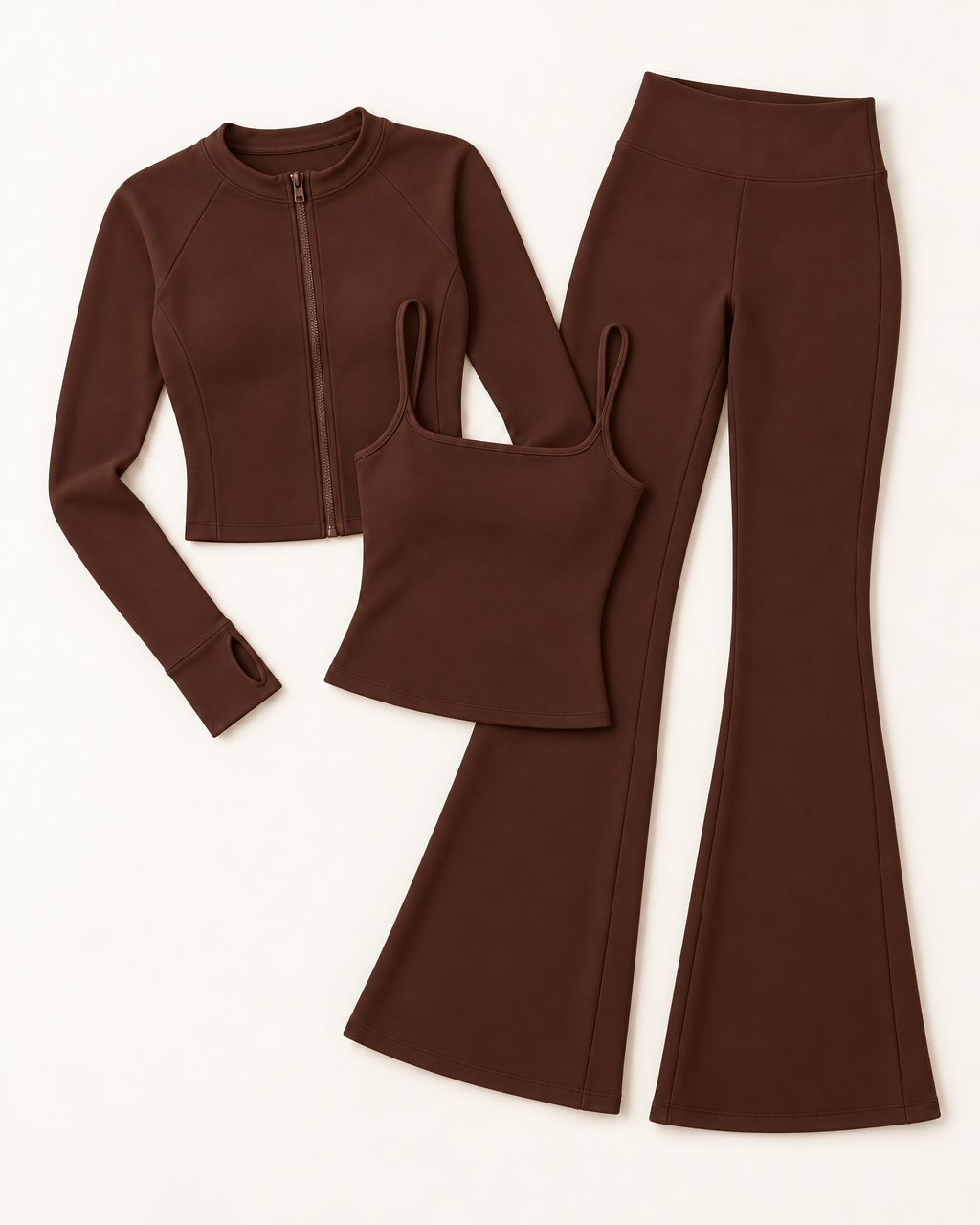 Zip-Up Jacket, Square Neck Vest & Flares Set - Chocolate Brown flat lay