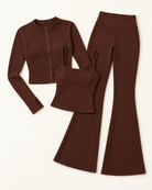 Zip-Up Jacket, Square Neck Vest & Flares Set - Chocolate Brown flat lay