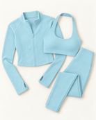 Zip-Up Jacket, Halter Bra & Leggings Set - Powder Blue flat lay