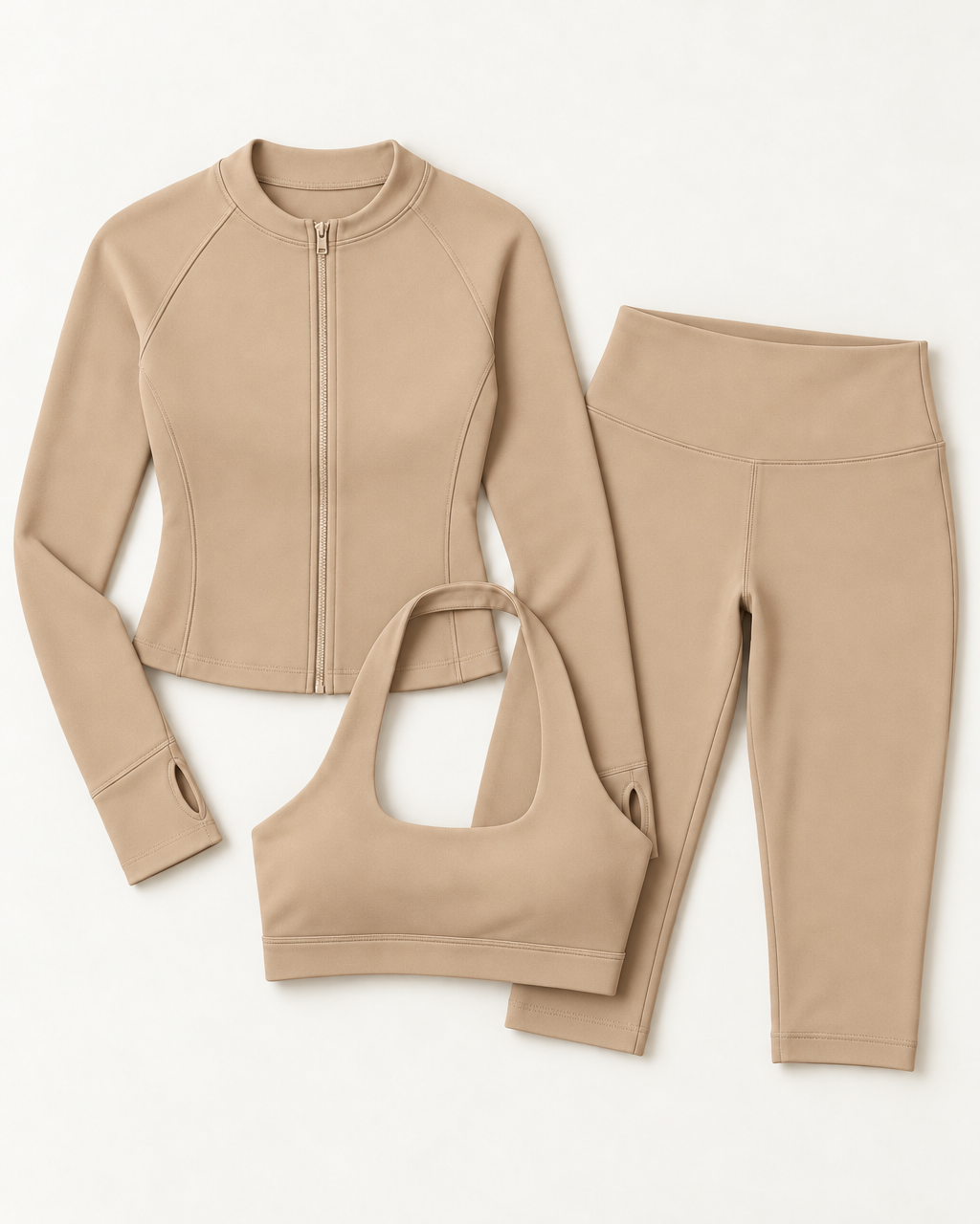 Zip-Up Jacket, Halter Bra & Capris Set - Tan flat lay