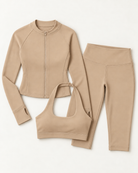 Zip-Up Jacket, Halter Bra & Capris Set - Tan flat lay