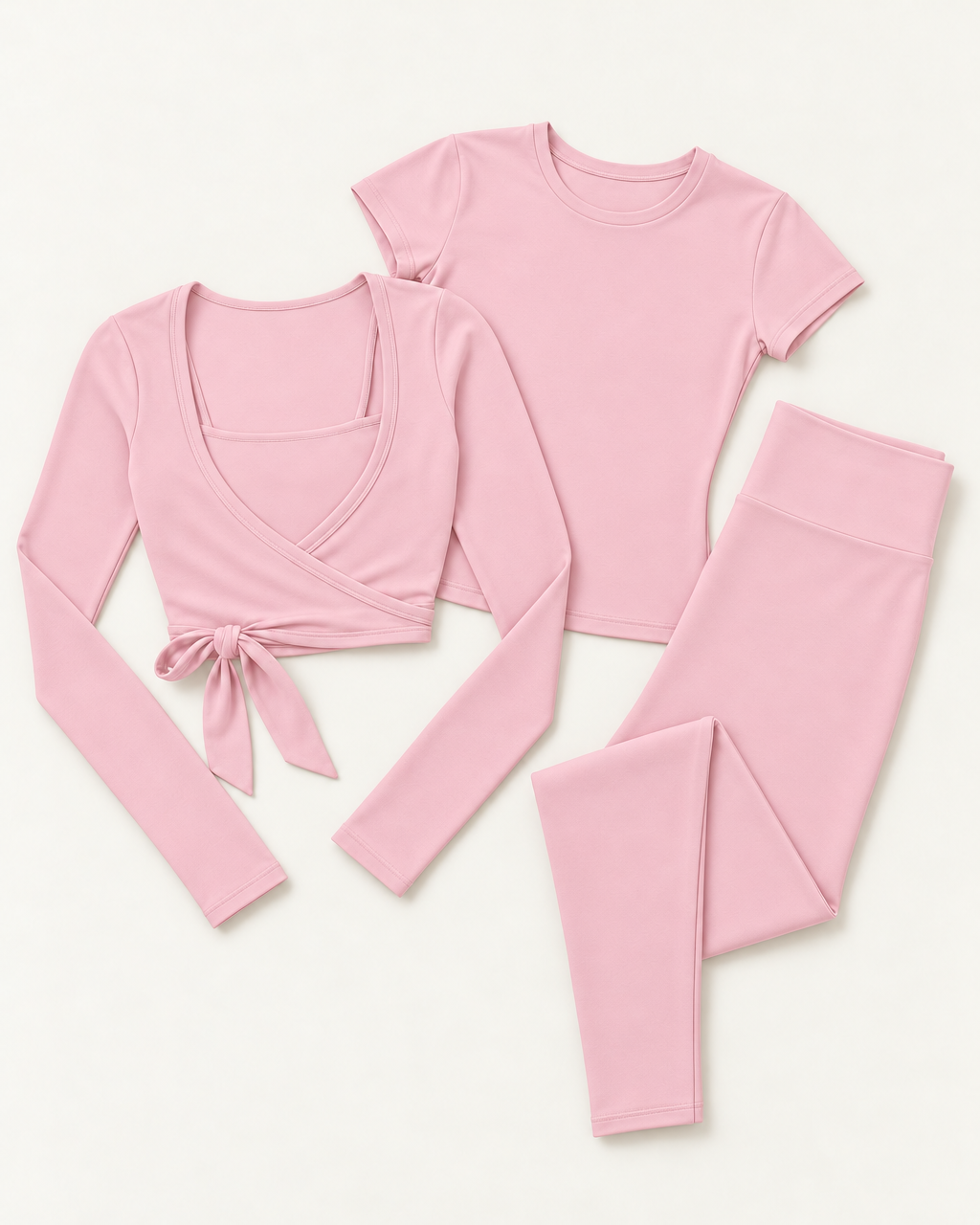 Ballet Wrap Top, Fitted Tee & Leggings Set - Ballet Pink flat lay