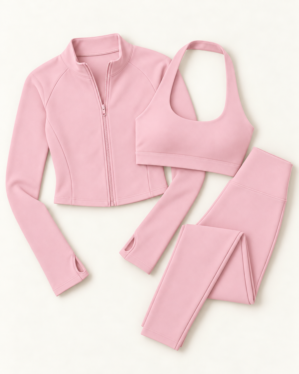 Zip-Up Jacket, Halter Bra & Leggings Set - Ballet Pink flat lay
