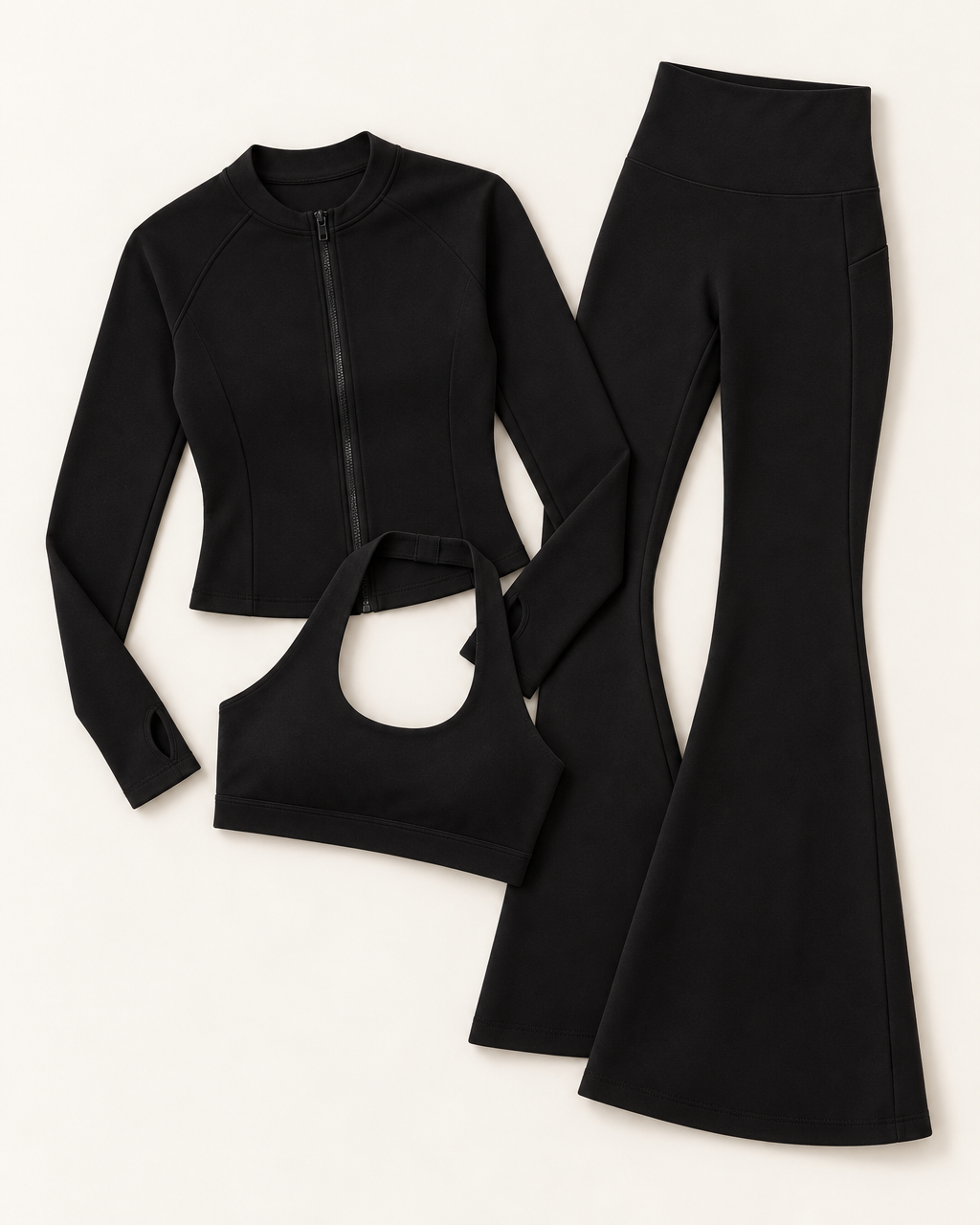 Zip-Up Jacket, Halter Bra & Flares Set - Shadow Black flat lay