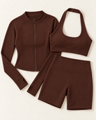 Zip-Up Jacket, Halter Bra & Shorts Set - Chocolate Brown flat lay