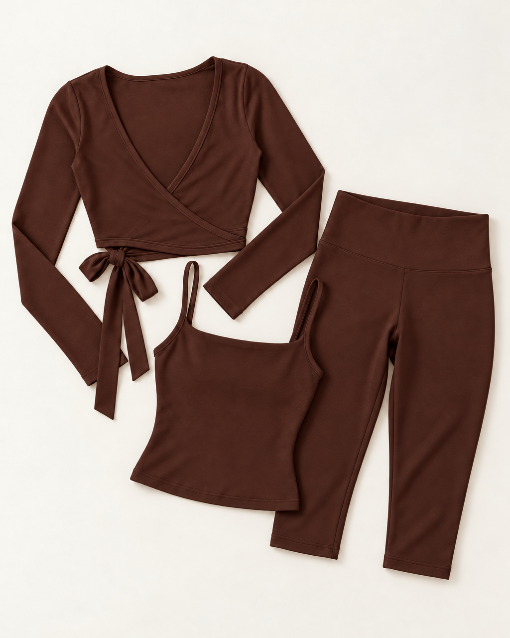Ballet Wrap Top, Square Neck Vest & Capris Set - Chocolate Brown flat lay