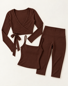 Ballet Wrap Top, Square Neck Vest & Capris Set - Chocolate Brown flat lay