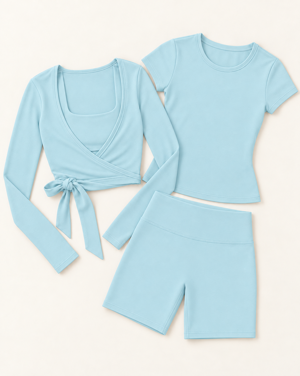 Ballet Wrap Top, Fitted Tee & Shorts Set - Powder Blue flat lay