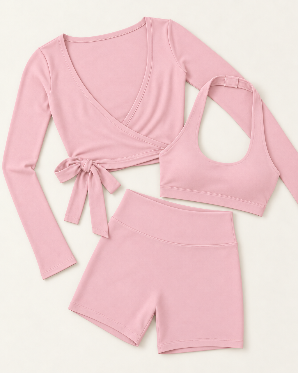 Ballet Wrap Top, Halter Bra & Shorts Set - Ballet Pink flat lay