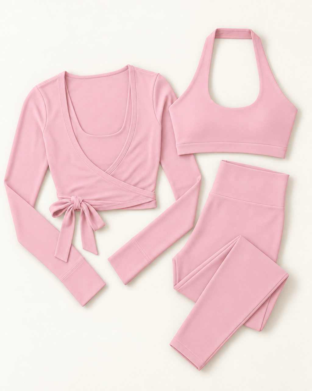 Ballet Wrap Top, Halter Bra & Leggings Set - Ballet Pink flat lay
