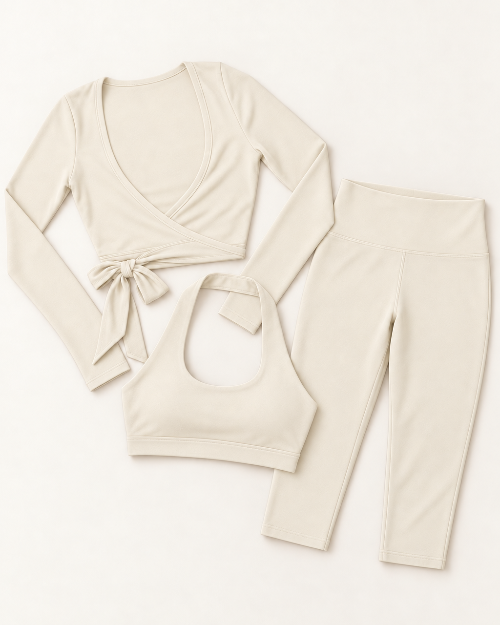Ballet Wrap Top, Halter Bra & Capris Set - Ivory White flat lay