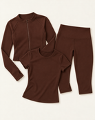 Zip-Up Jacket, Fitted Tee & Capris Set - Chocolate Brown flat lay