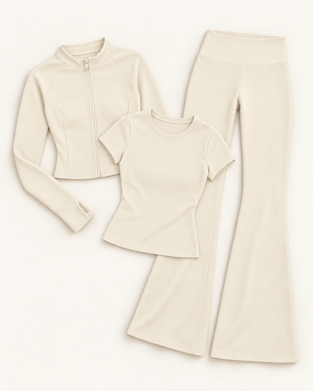 Zip-Up Jacket, Fitted Tee & Flares Set - Ivory White flat lay