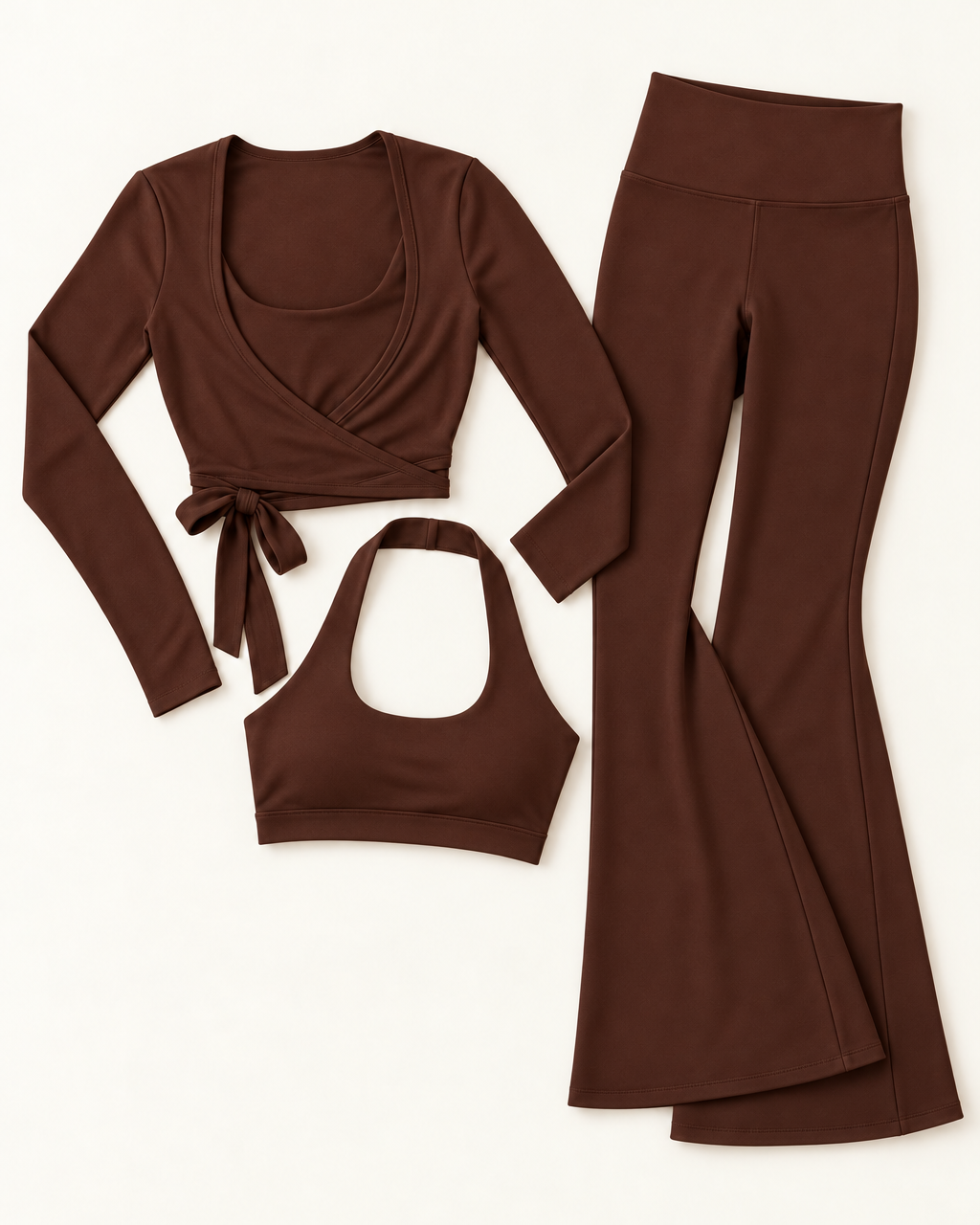 Ballet Wrap Top, Halter Bra & Flares Set - Chocolate Brown flat lay