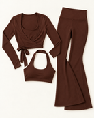 Ballet Wrap Top, Halter Bra & Flares Set - Chocolate Brown flat lay