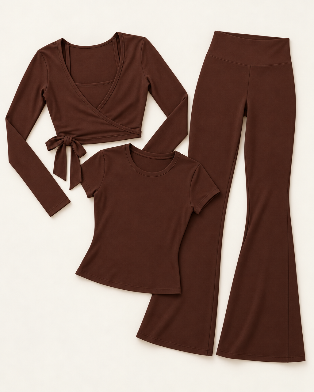 Ballet Wrap Top, Fitted Tee & Flares Set - Chocolate Brown flat lay