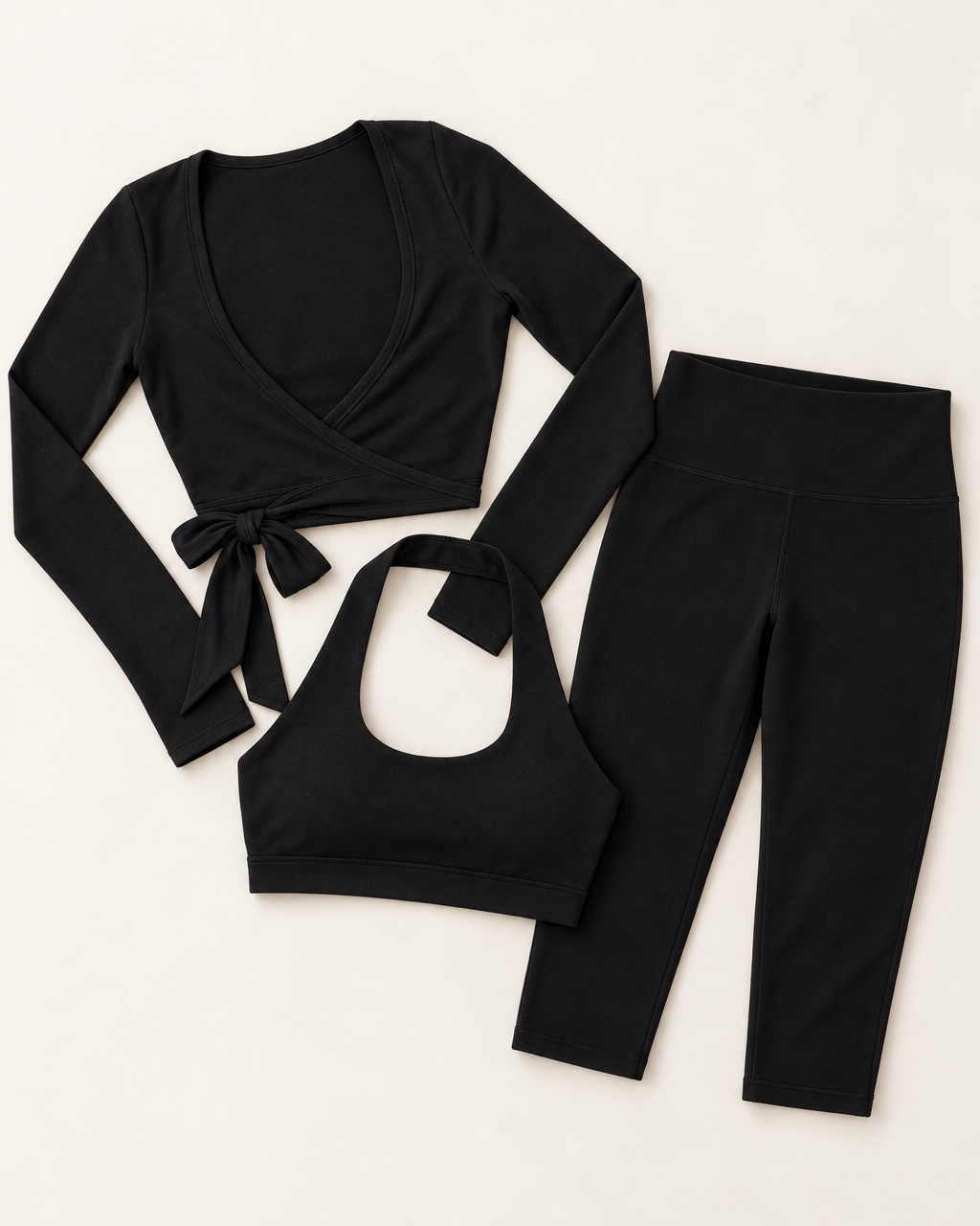 Ballet Wrap Top, Halter Bra & Capris Set - Shadow Black flat lay