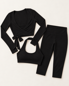 Ballet Wrap Top, Halter Bra & Capris Set - Shadow Black flat lay