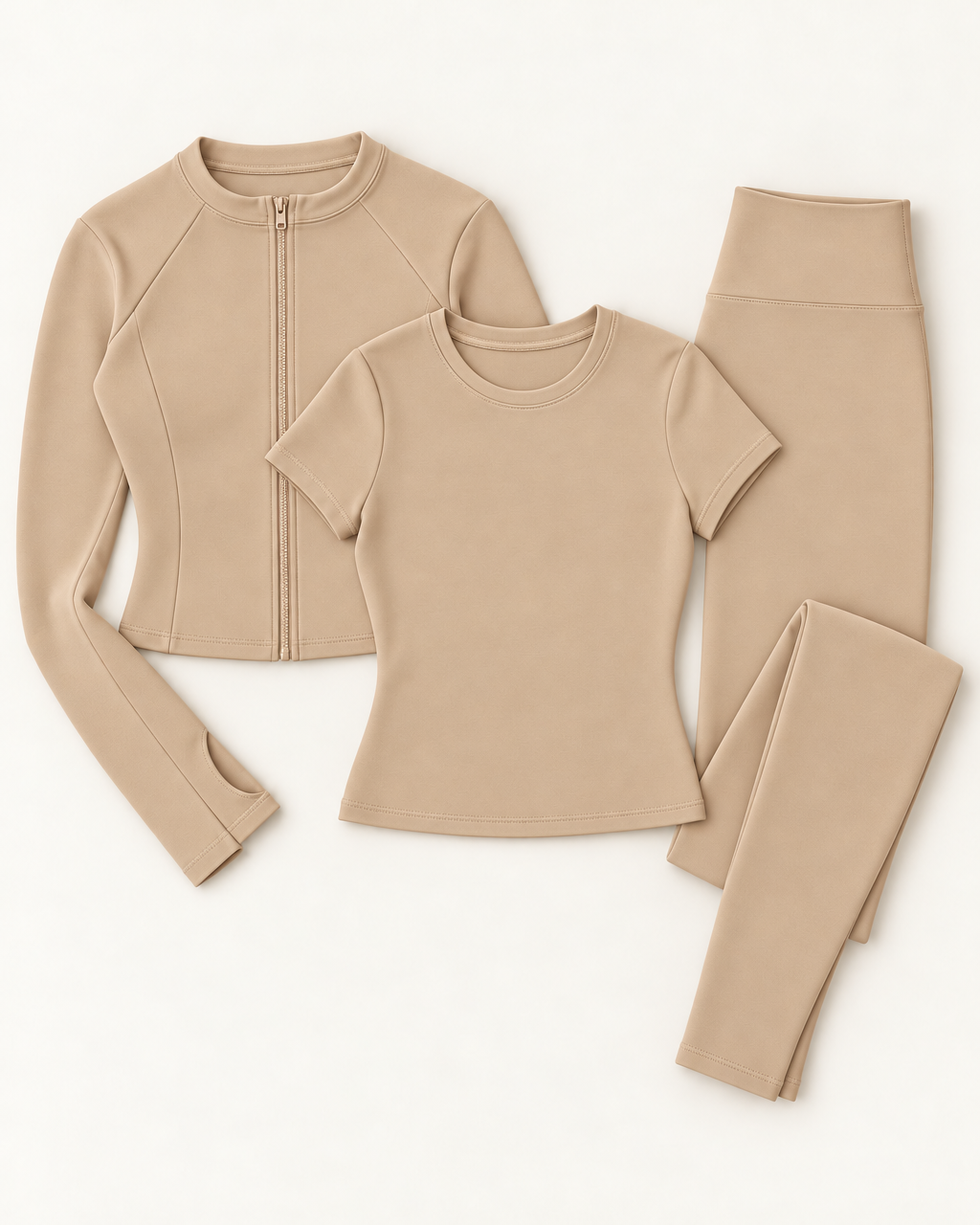 Zip-Up Jacket, Fitted Tee & Leggings Set - Tan flat lay