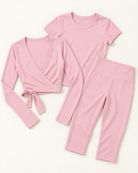 Ballet Wrap Top, Fitted Tee & Capris Set - Ballet Pink flat lay