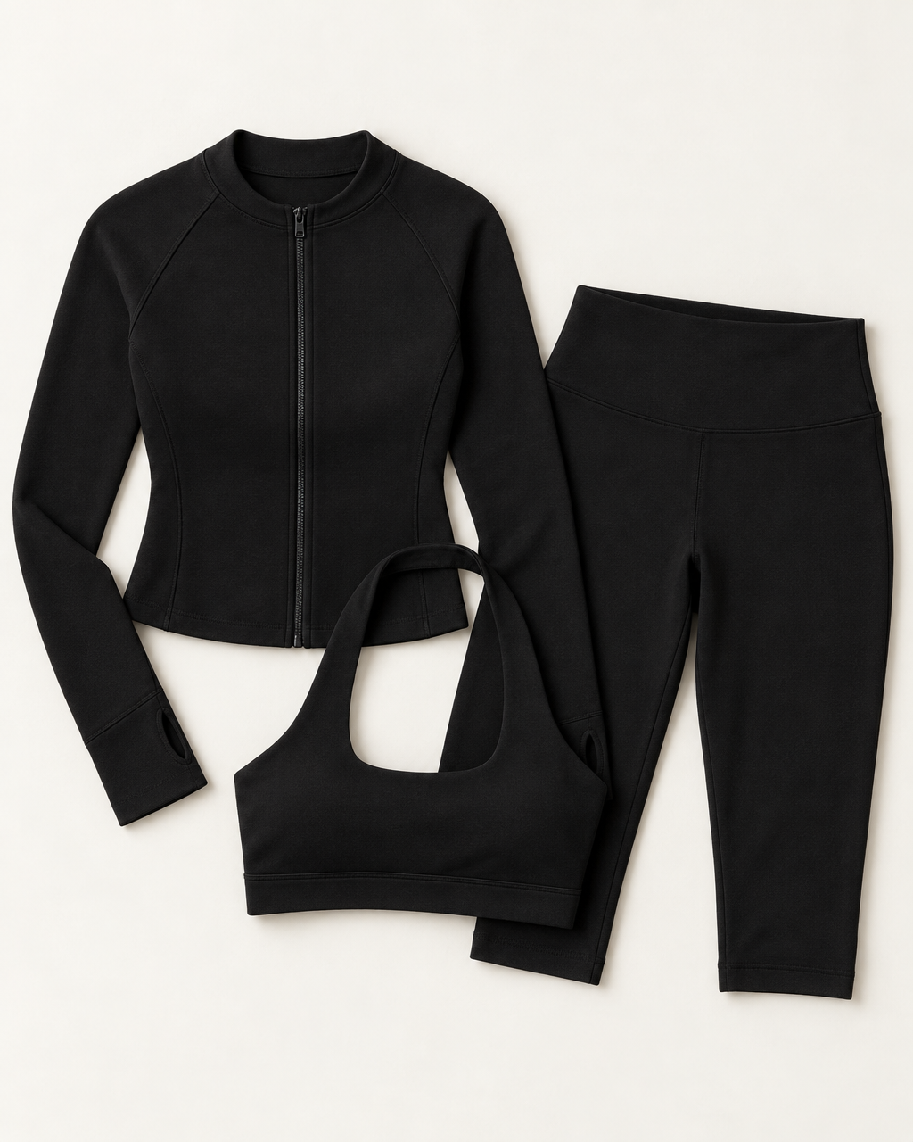 Zip-Up Jacket, Halter Bra & Capris Set - Shadow Black flat lay